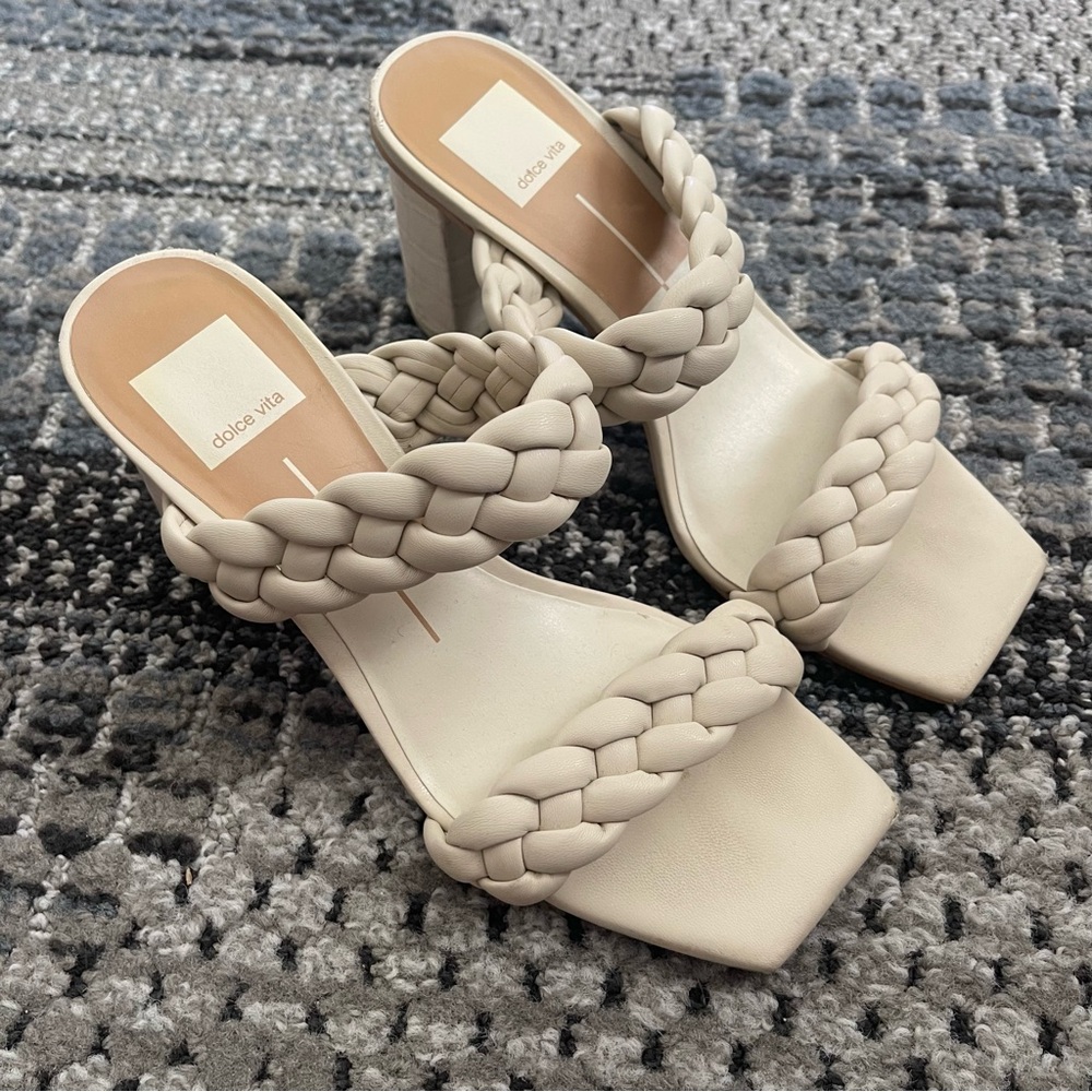 Dolce Vita Braided Double-Strap Block Heel Sandals in Ivory Beige